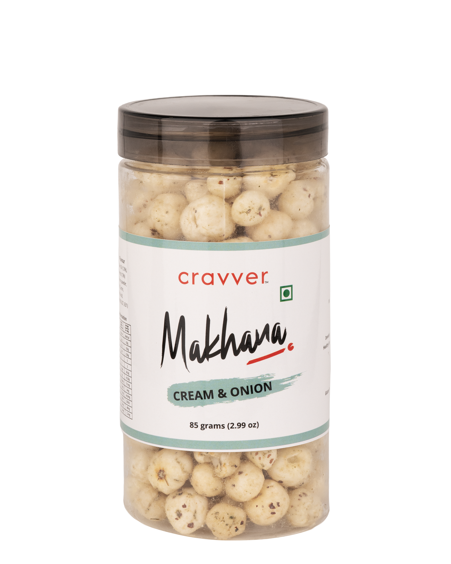 A clear plastic jar containing Cream & Onion Makhana. The label on the jar displays the brand 'Cravver' and the product name 'Makhana Cream & Onion'.