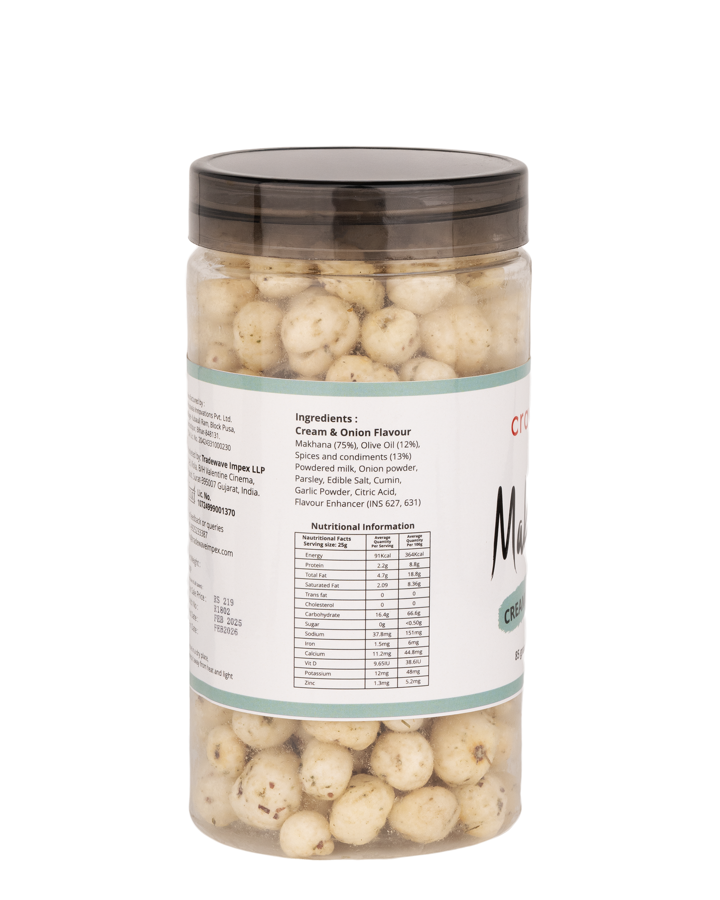 cravver - cream & onion makhana with ingredients and nutritional information