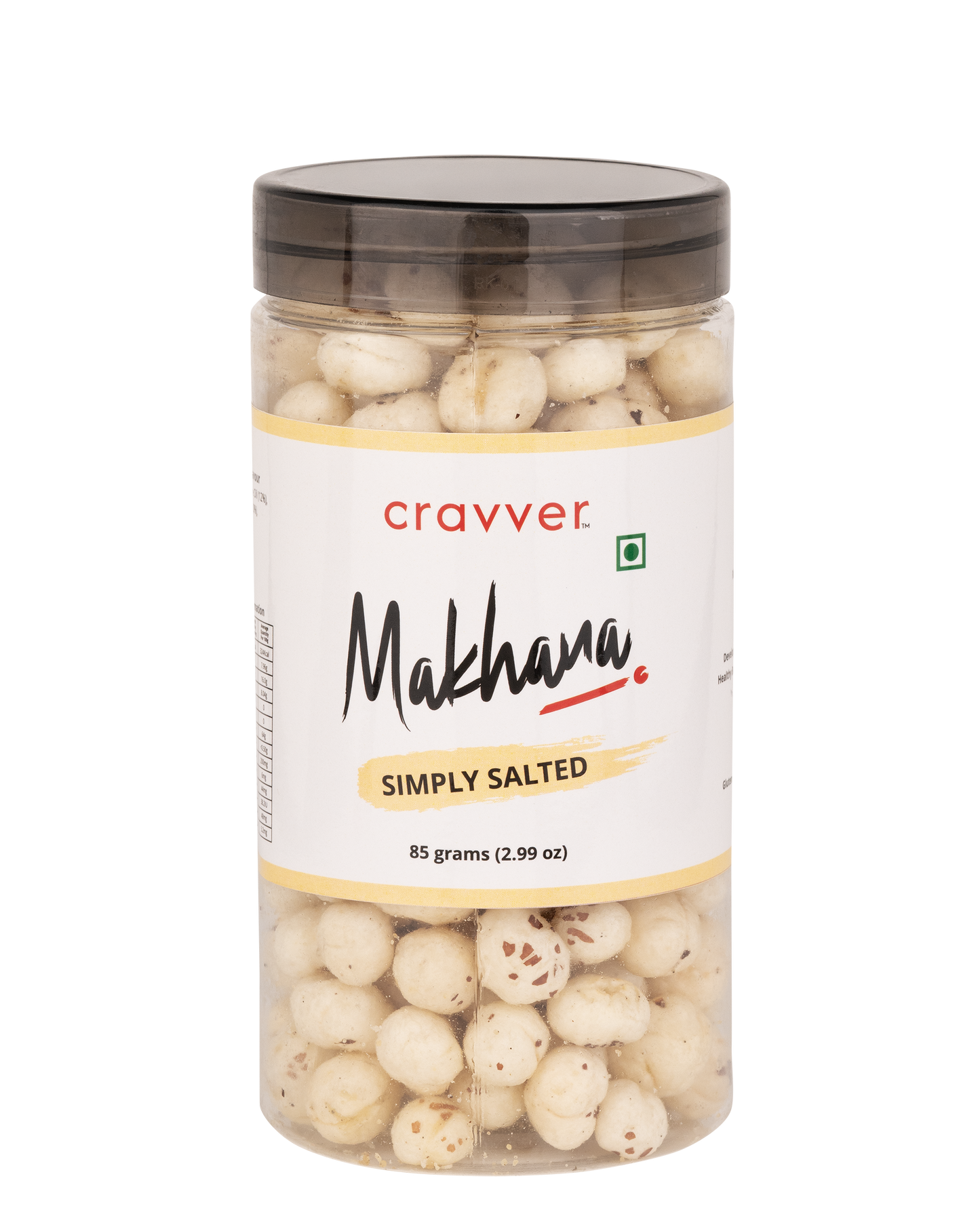 A clear plastic jar containing premium quality makhana (puffed lotus seeds) lightly salted, with the brand 'Cravver' and product name 'Makhana Simply Salted' visible on the label.