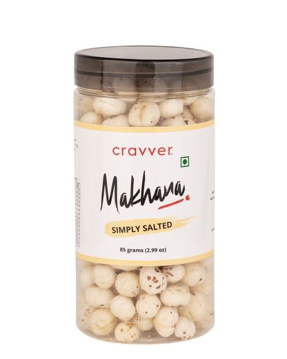 A clear plastic jar containing premium quality makhana (puffed lotus seeds) lightly salted, with the brand 'Cravver' and product name 'Makhana Simply Salted' visible on the label.
