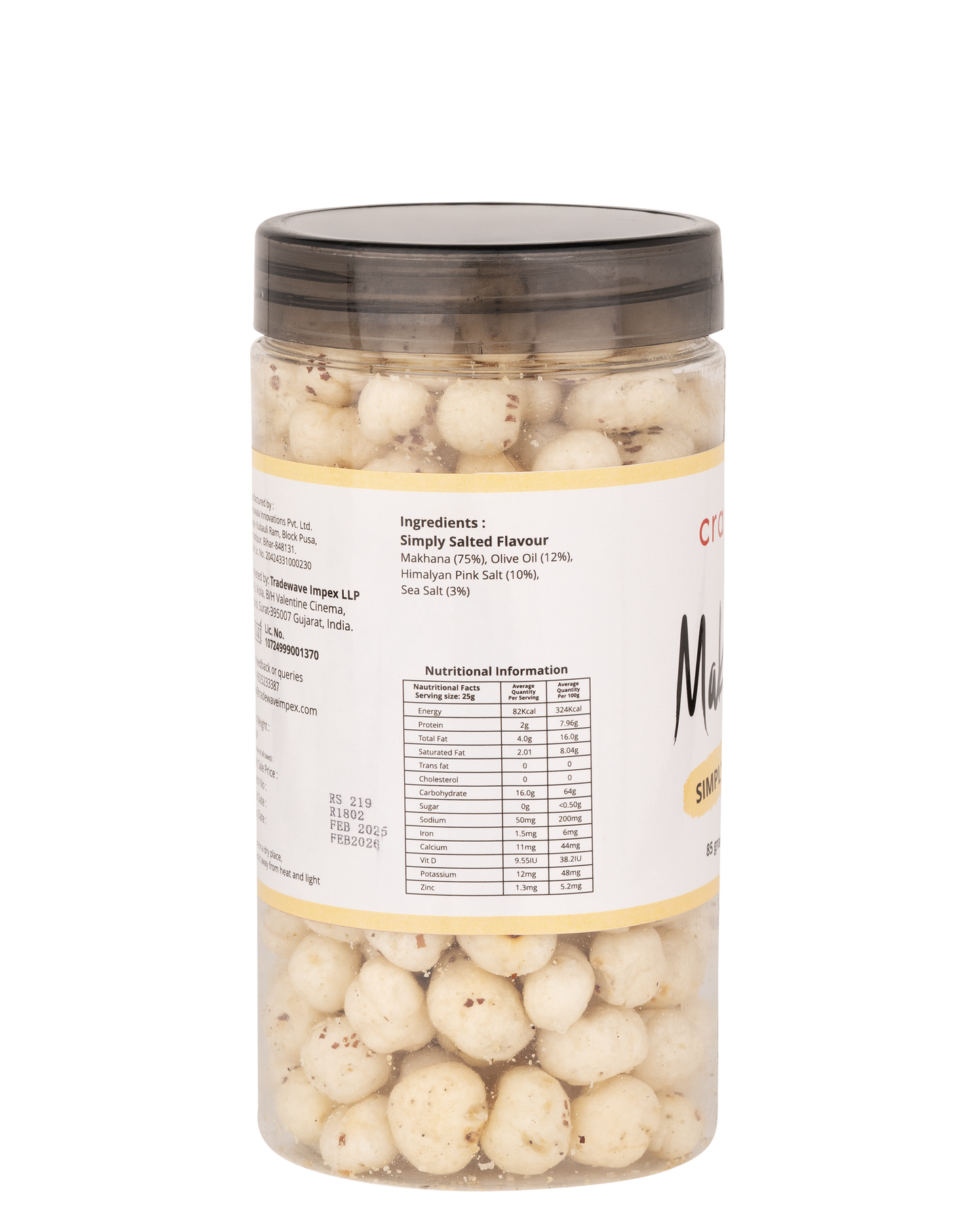 cravver - simply salted makhana with ingredients and nutritional information