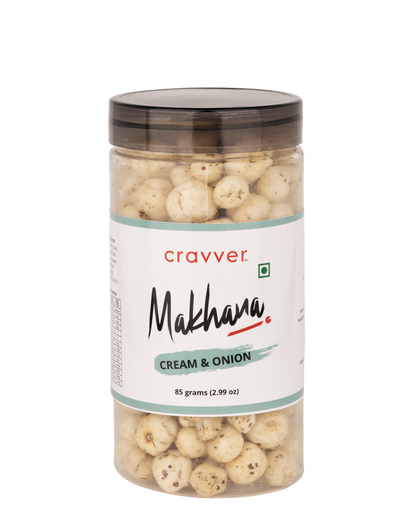A clear plastic jar containing Cream & Onion Makhana. The label on the jar displays the brand 'Cravver' and the product name 'Makhana Cream & Onion'.