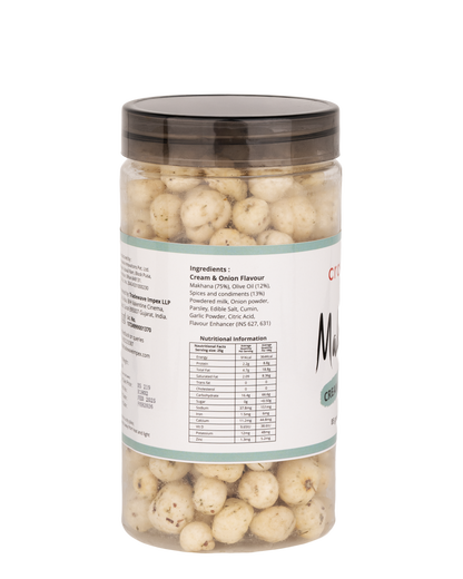 cravver - cream & onion makhana with ingredients and nutritional information