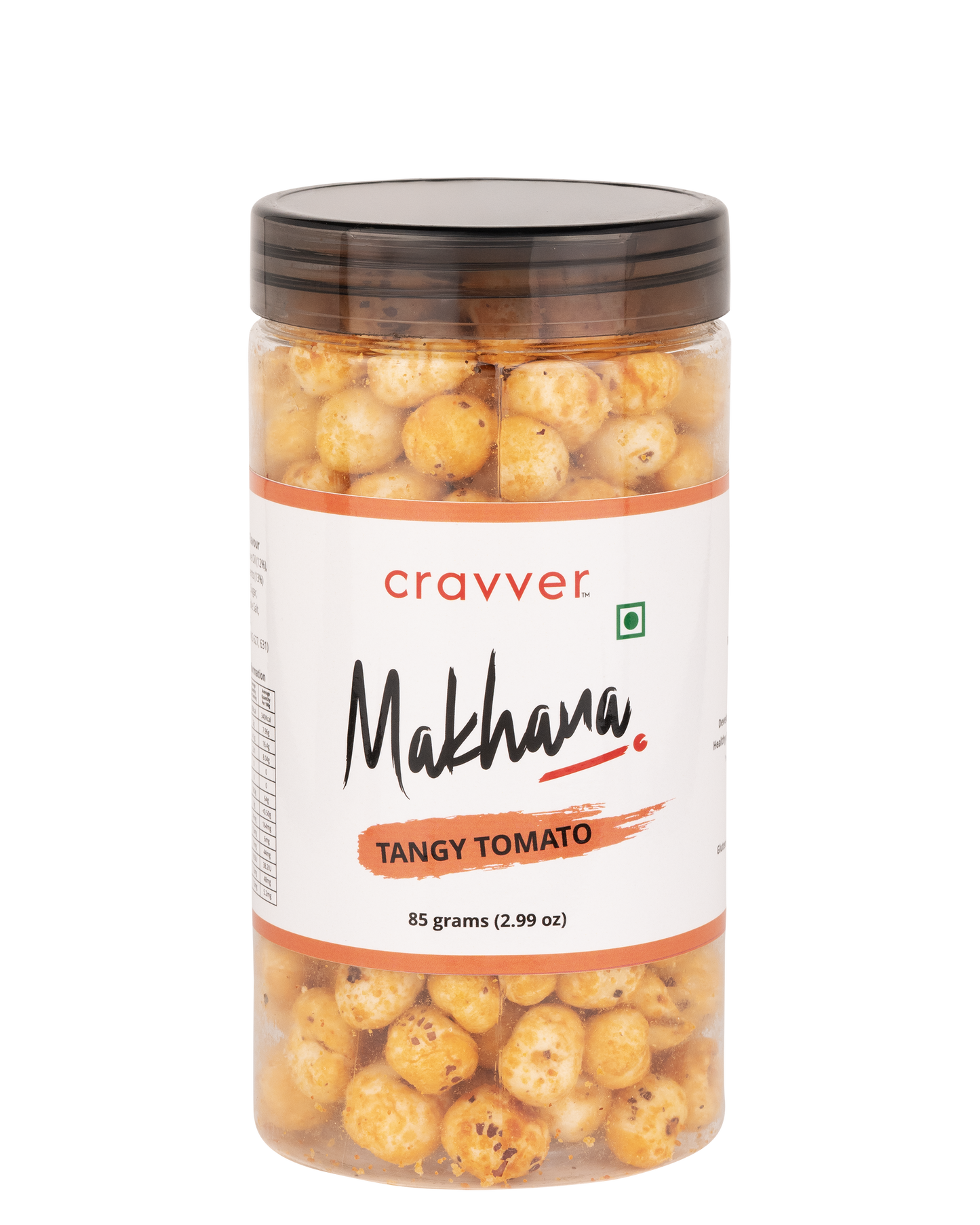 A clear plastic jar containing Tangy Tomato Makhana snack, with the brand 'Cravver' and product name visible on the label.
