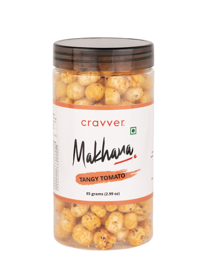 A clear plastic jar containing Tangy Tomato Makhana snack, with the brand 'Cravver' and product name visible on the label.