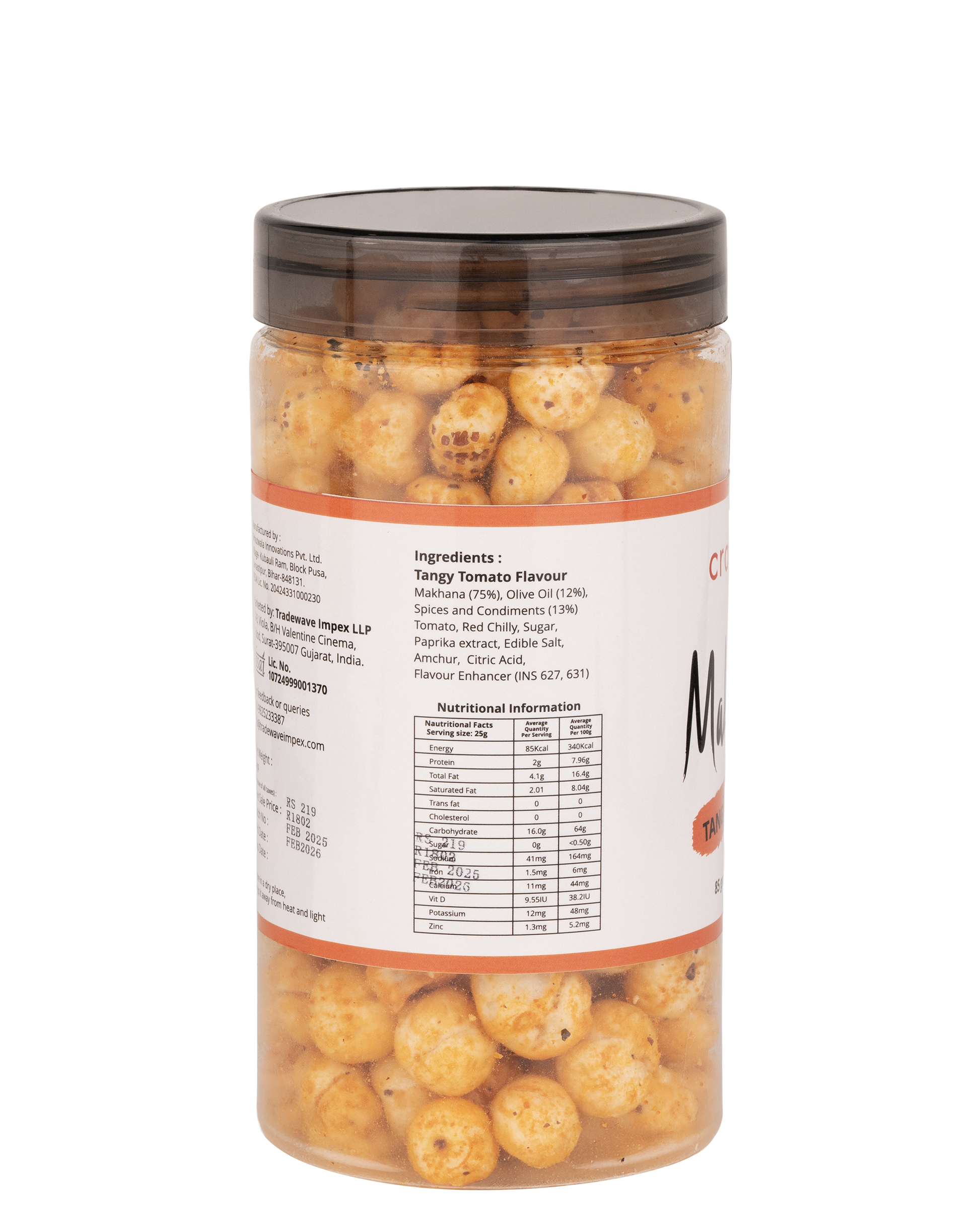 cravver - tangy tomato makhana ingredients and nutritional information